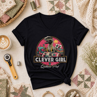 Clever Girl Quiltassic Park Dinosaur Women's V-Neck - Black
