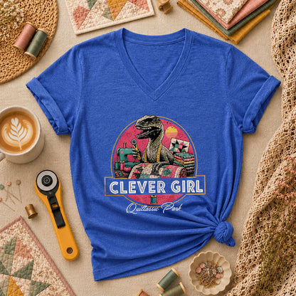 Clever Girl Quiltassic Park Dinosaur Women's V-Neck - Heather True Royal