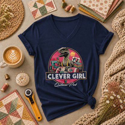 Clever Girl Quiltassic Park Dinosaur Women's V-Neck - Navy