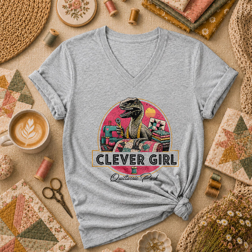 Clever Girl Quiltassic Park Dinosaur Women's V-Neck - Sport Grey