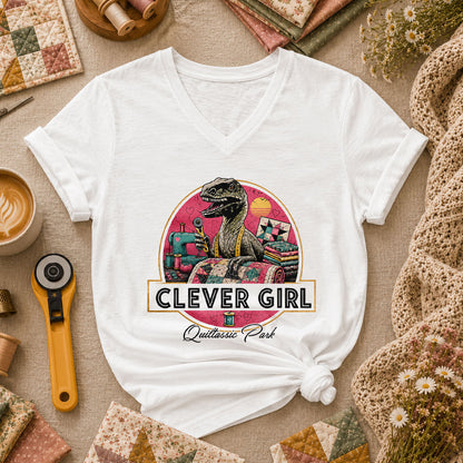 Clever Girl Quiltassic Park Dinosaur Women's V-Neck - White