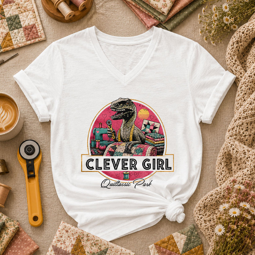 Clever Girl Quiltassic Park Dinosaur Women's V-Neck - White