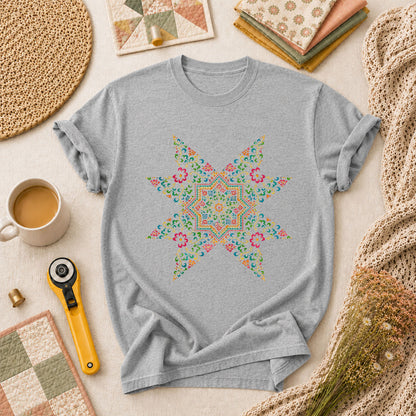 Colorful Floral Quilt Star Cross Stitch T-Shirt - Athletic Heather