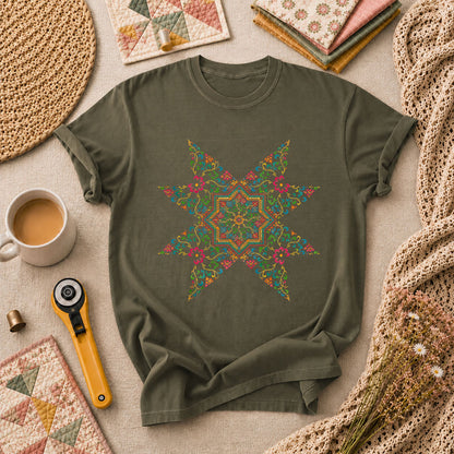 Colorful Floral Quilt Star Cross Stitch T-Shirt - Military Green