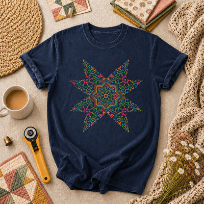 Colorful Floral Quilt Star Cross Stitch T-Shirt - Navy