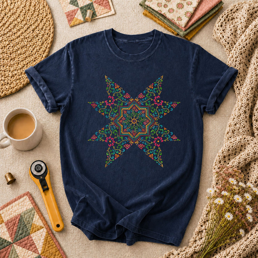 Colorful Floral Quilt Star Cross Stitch T-Shirt - Navy