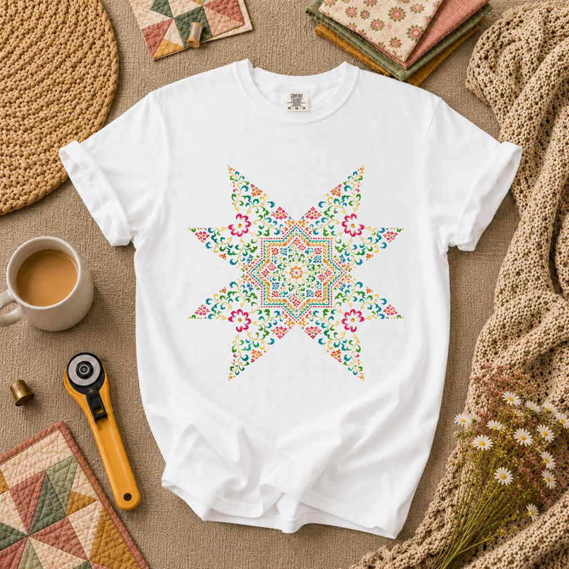 Colorful Floral Quilt Star Cross Stitch T-Shirt - White