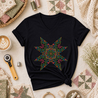 Colorful Floral Quilt Star Cross Stitch Women's V-Neck - Black