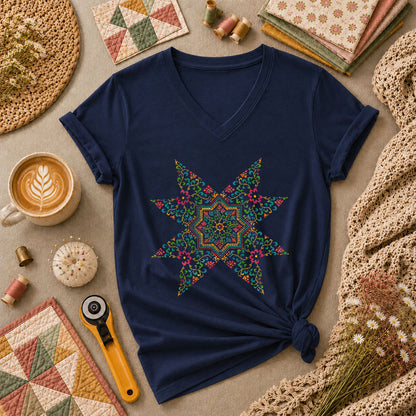 Colorful Floral Quilt Star Cross Stitch Women's V-Neck - Navy