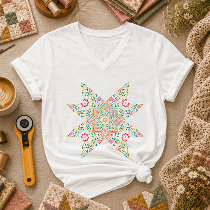 Colorful Floral Quilt Star Cross Stitch Women's V-Neck - White