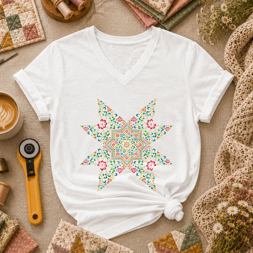 Colorful Floral Quilt Star Cross Stitch Women's V-Neck - White