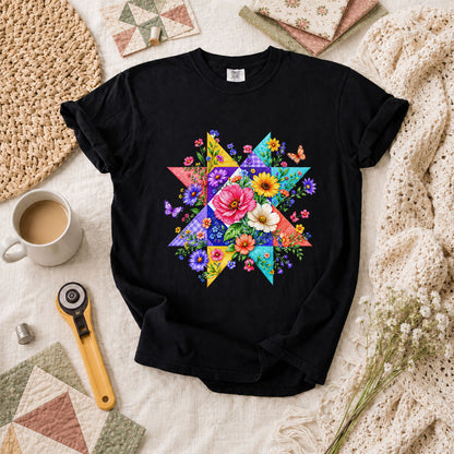 Colorful Floral Quilt Star With Butterflies T-Shirt - Black