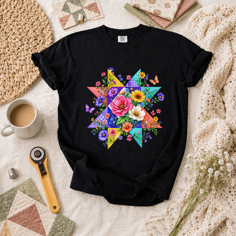 Colorful Floral Quilt Star With Butterflies T-Shirt - Black