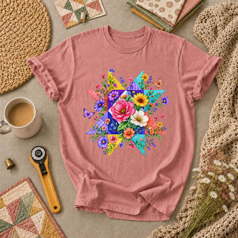 Colorful Floral Quilt Star With Butterflies T-Shirt - Heather Mauve