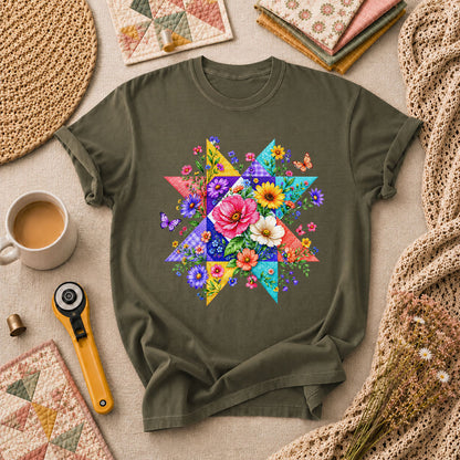 Colorful Floral Quilt Star With Butterflies T-Shirt - Military Green