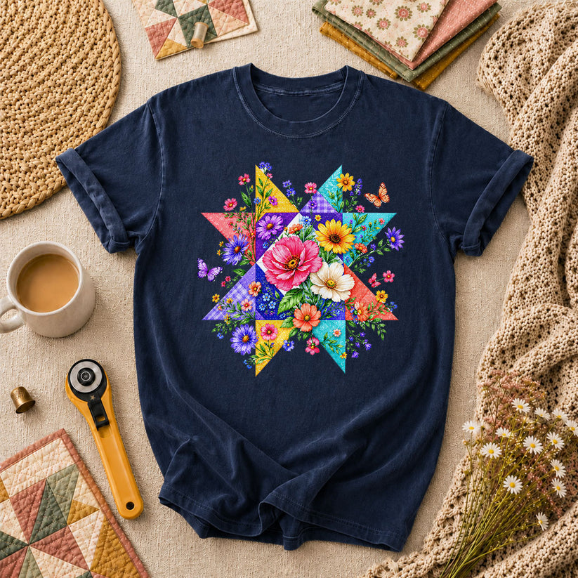 Colorful Floral Quilt Star With Butterflies T-Shirt - Navy