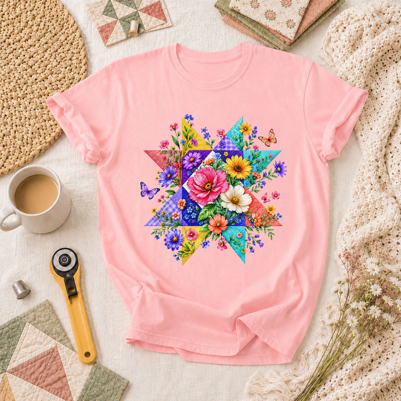 Colorful Floral Quilt Star With Butterflies T-Shirt - Pink