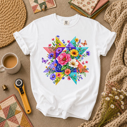 Colorful Floral Quilt Star With Butterflies T-Shirt - White