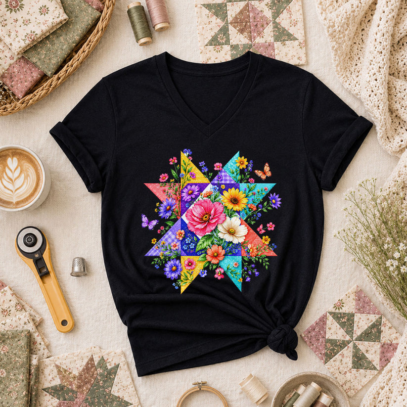 Colorful Floral Quilt Star With Butterflies Women's V-Neck - Black