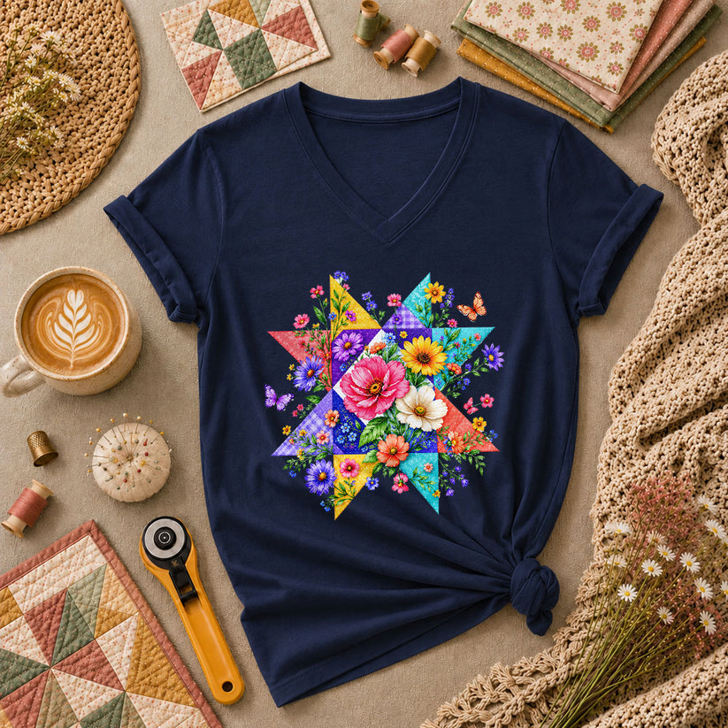Colorful Floral Quilt Star With Butterflies Women's V-Neck - Navy
