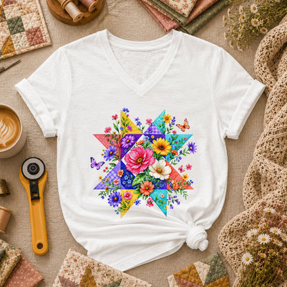 Colorful Floral Quilt Star With Butterflies Women's V-Neck - White