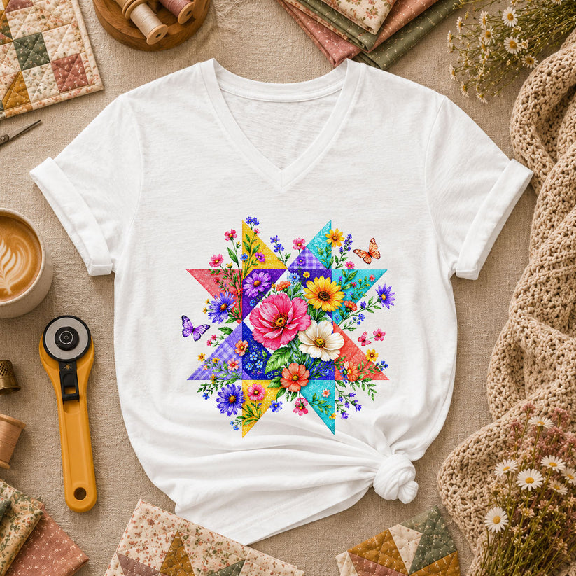 Colorful Floral Quilt Star With Butterflies Women's V-Neck - White