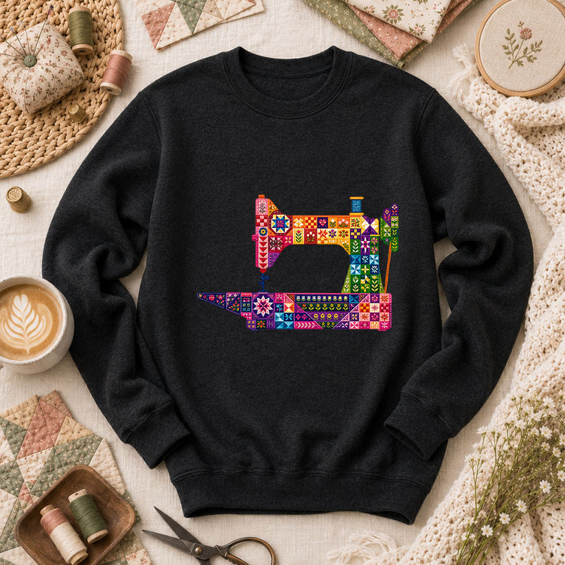 Colorful Patchwork Sewing Machine Long Sleeve - Black
