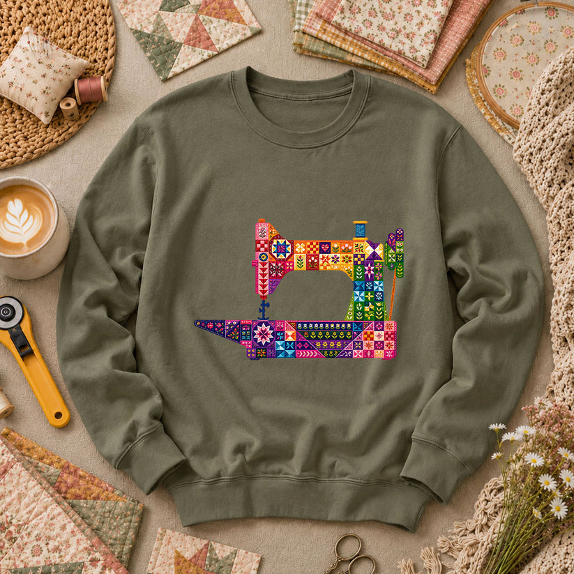 Colorful Patchwork Sewing Machine Long Sleeve - Military Green