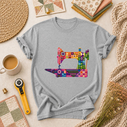 Colorful Patchwork Sewing Machine T-Shirt - Athletic Heather