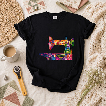 Colorful Patchwork Sewing Machine T-Shirt - Black
