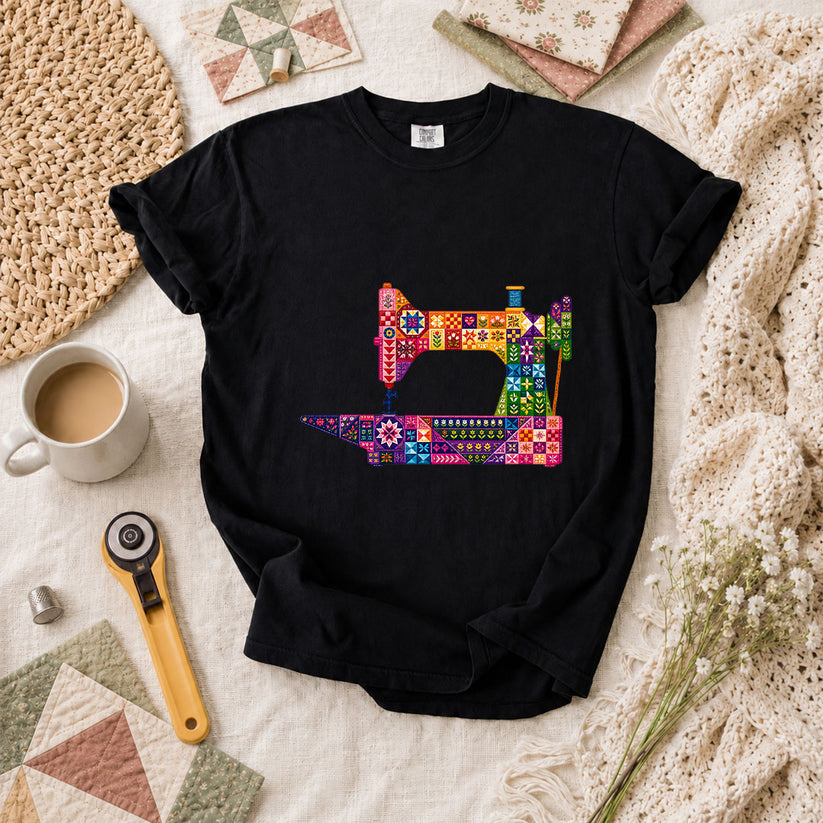 Colorful Patchwork Sewing Machine T-Shirt - Black