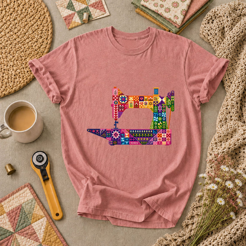 Colorful Patchwork Sewing Machine T-Shirt - Heather Mauve