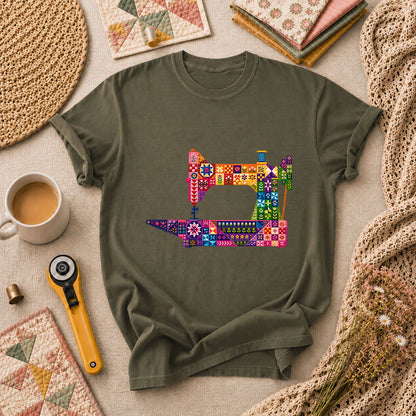 Colorful Patchwork Sewing Machine T-Shirt - Military Green