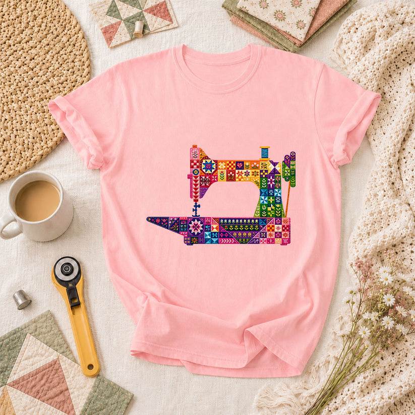 Colorful Patchwork Sewing Machine T-Shirt - Pink