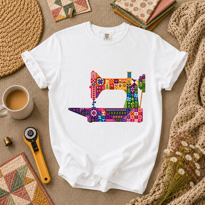 Colorful Patchwork Sewing Machine T-Shirt - White