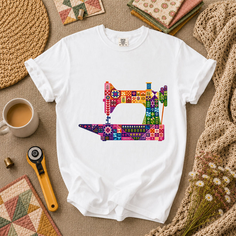 Colorful Patchwork Sewing Machine T-Shirt - White