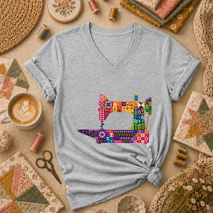 Colorful Patchwork Sewing Machine Women's V-Neck - Athletic Heather