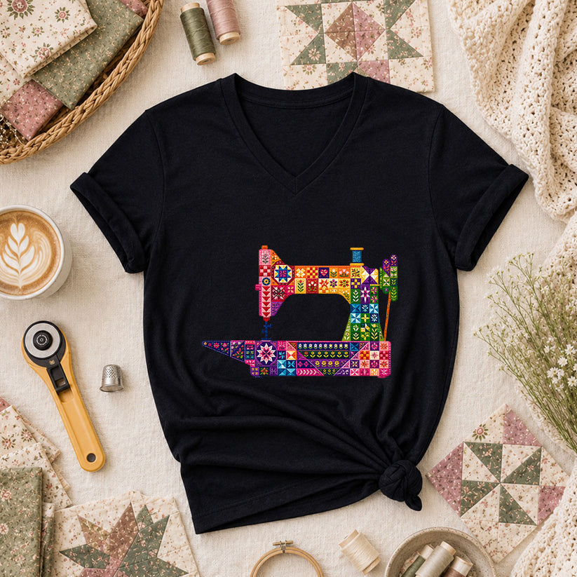 Colorful Patchwork Sewing Machine Women's V-Neck - Black