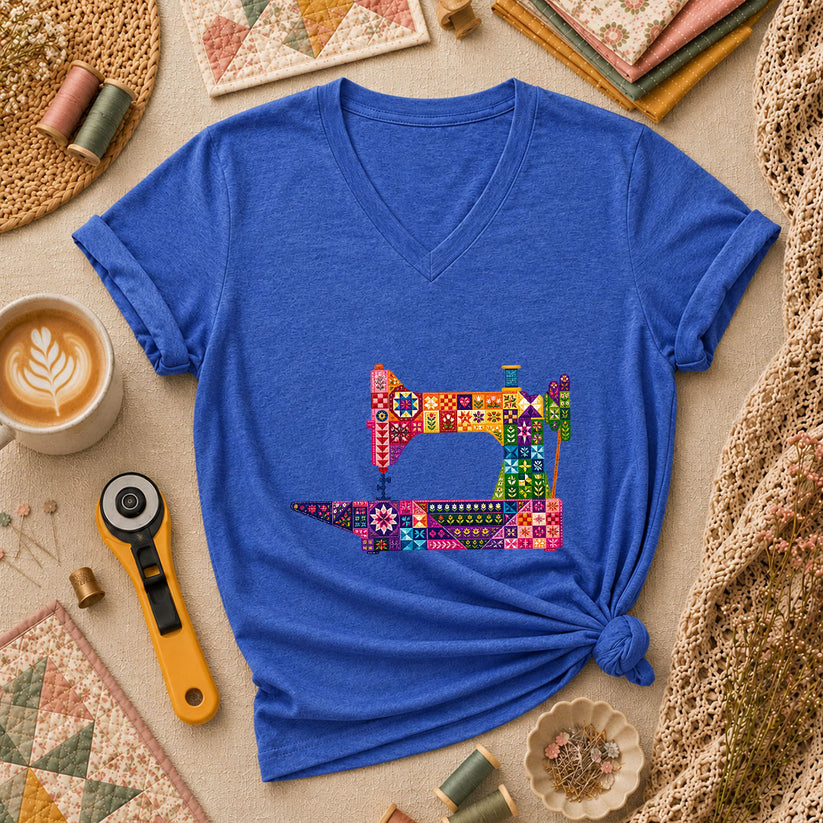 Colorful Patchwork Sewing Machine Women's V-Neck - Heather True Royal