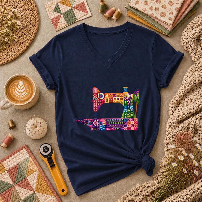 Colorful Patchwork Sewing Machine Women's V-Neck - Navy