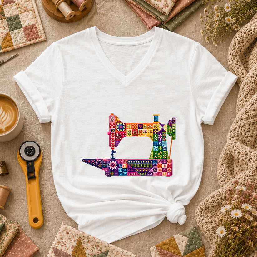 Colorful Patchwork Sewing Machine Women's V-Neck - White