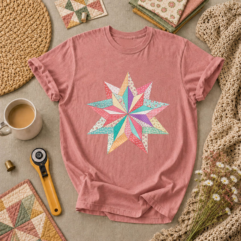 Colorful Patchwork Star Quilt Block T-Shirt - Heather Mauve