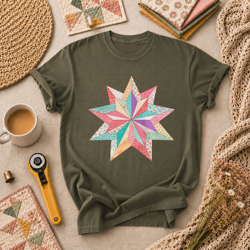 Colorful Patchwork Star Quilt Block T-Shirt - Military Green