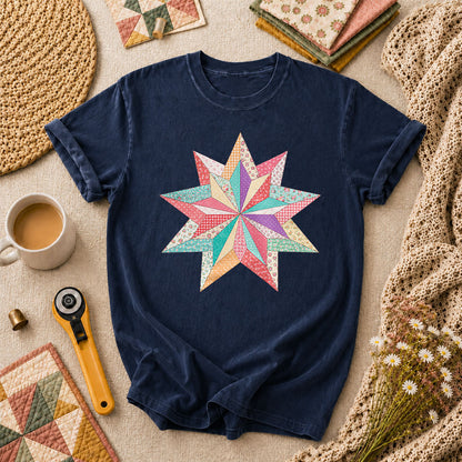 Colorful Patchwork Star Quilt Block T-Shirt - Navy