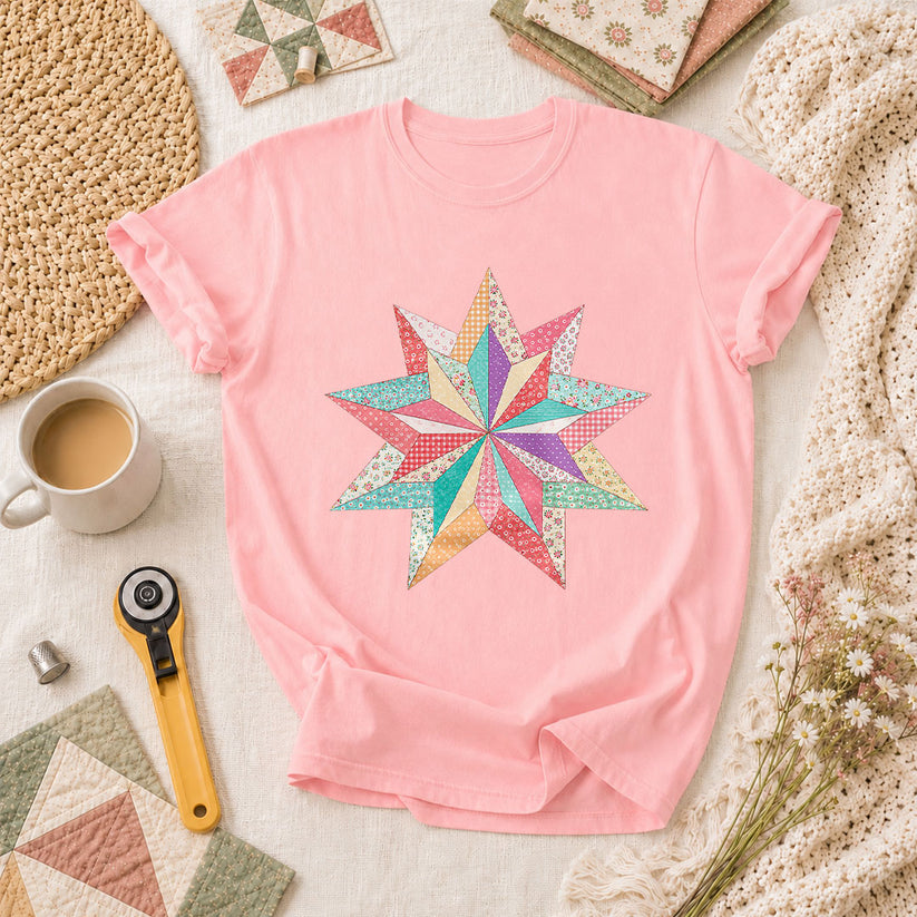 Colorful Patchwork Star Quilt Block T-Shirt - Pink