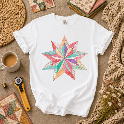 Colorful Patchwork Star Quilt Block T-Shirt - White