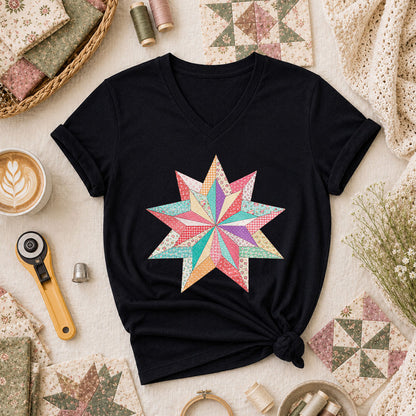 Colorful Patchwork Star Quilt Block Women's V-Neck - Black