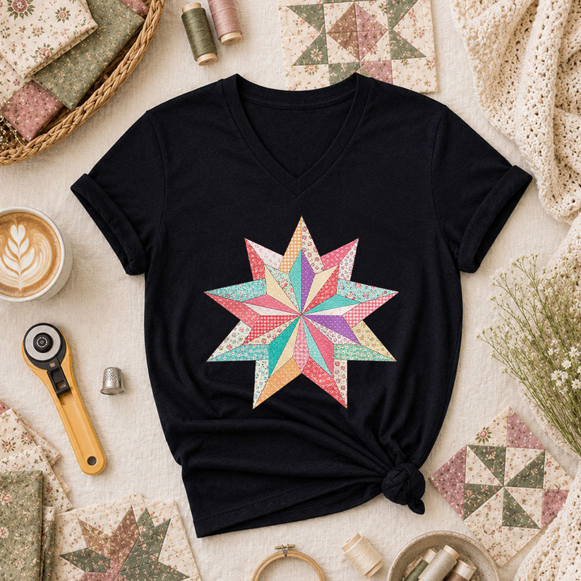 Colorful Patchwork Star Quilt Block Women's V-Neck - Black
