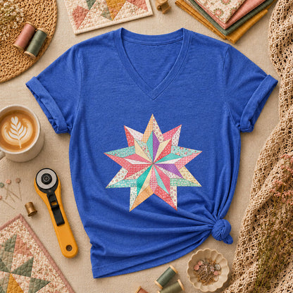 Colorful Patchwork Star Quilt Block Women's V-Neck - Heather True Royal