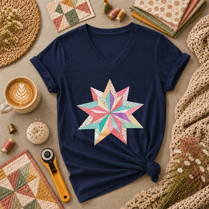 Colorful Patchwork Star Quilt Block Women's V-Neck - Navy